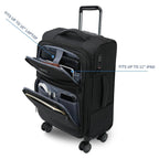 Black softside carry-on with front laptop sleeve and multiple organizer compartments, wheels