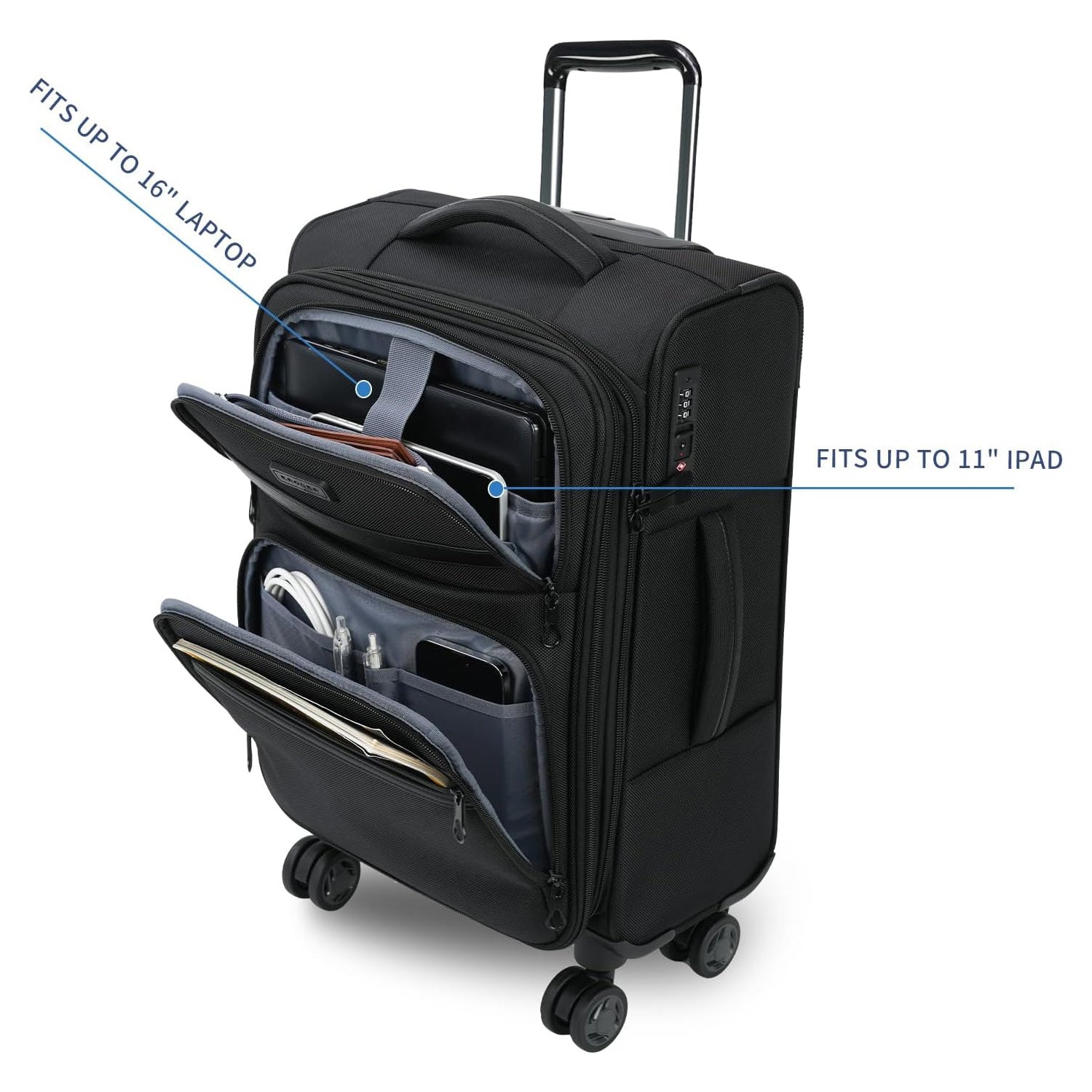 Black softside carry-on with front laptop sleeve and multiple organizer compartments, wheels