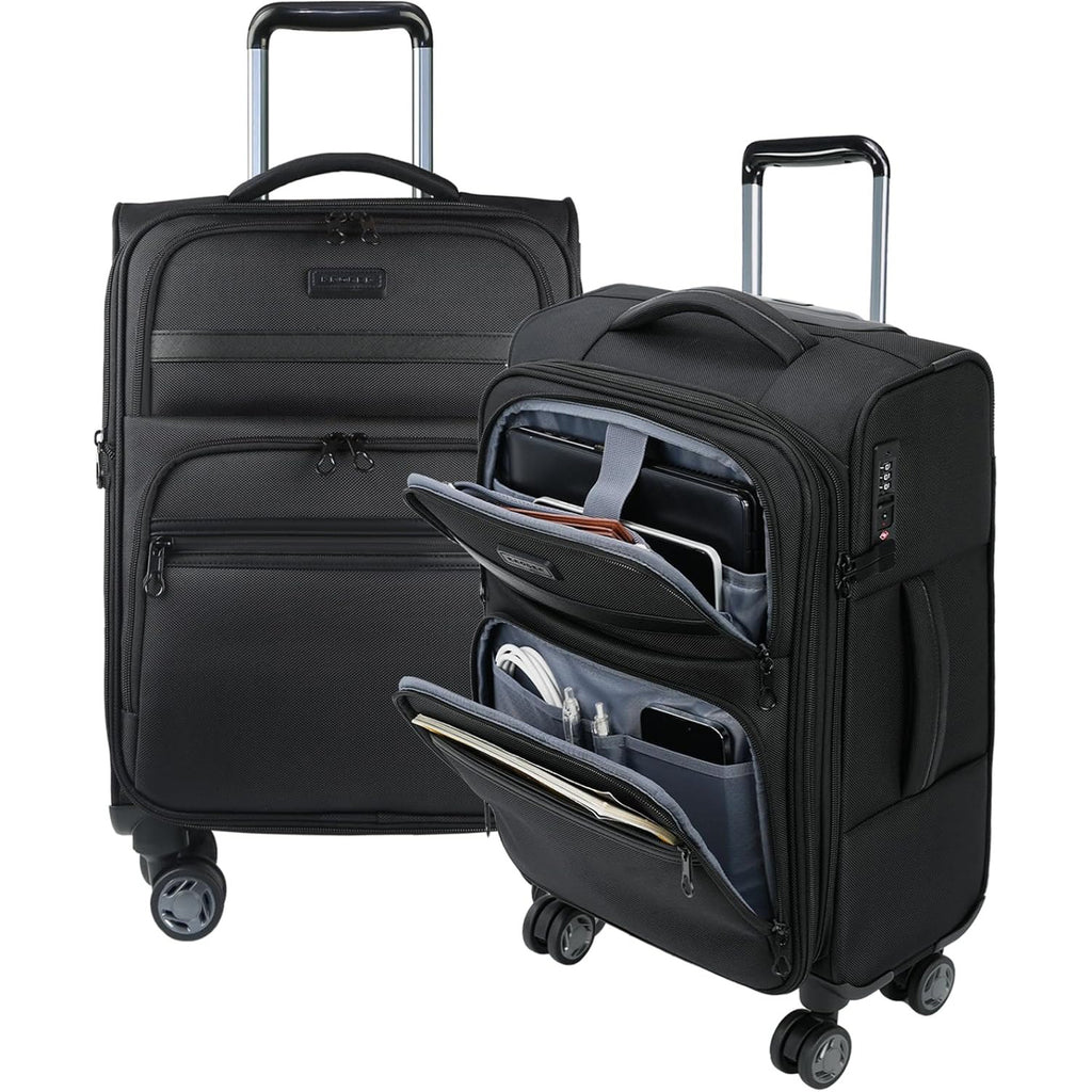 Black softside carry-on with front laptop pocket, top carry handle, and spinner wheels