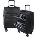 Black softside carry-on with front laptop pocket, top carry handle, and spinner wheels