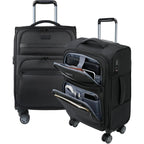 Black softside carry-on with front laptop pocket, top carry handle, and spinner wheels