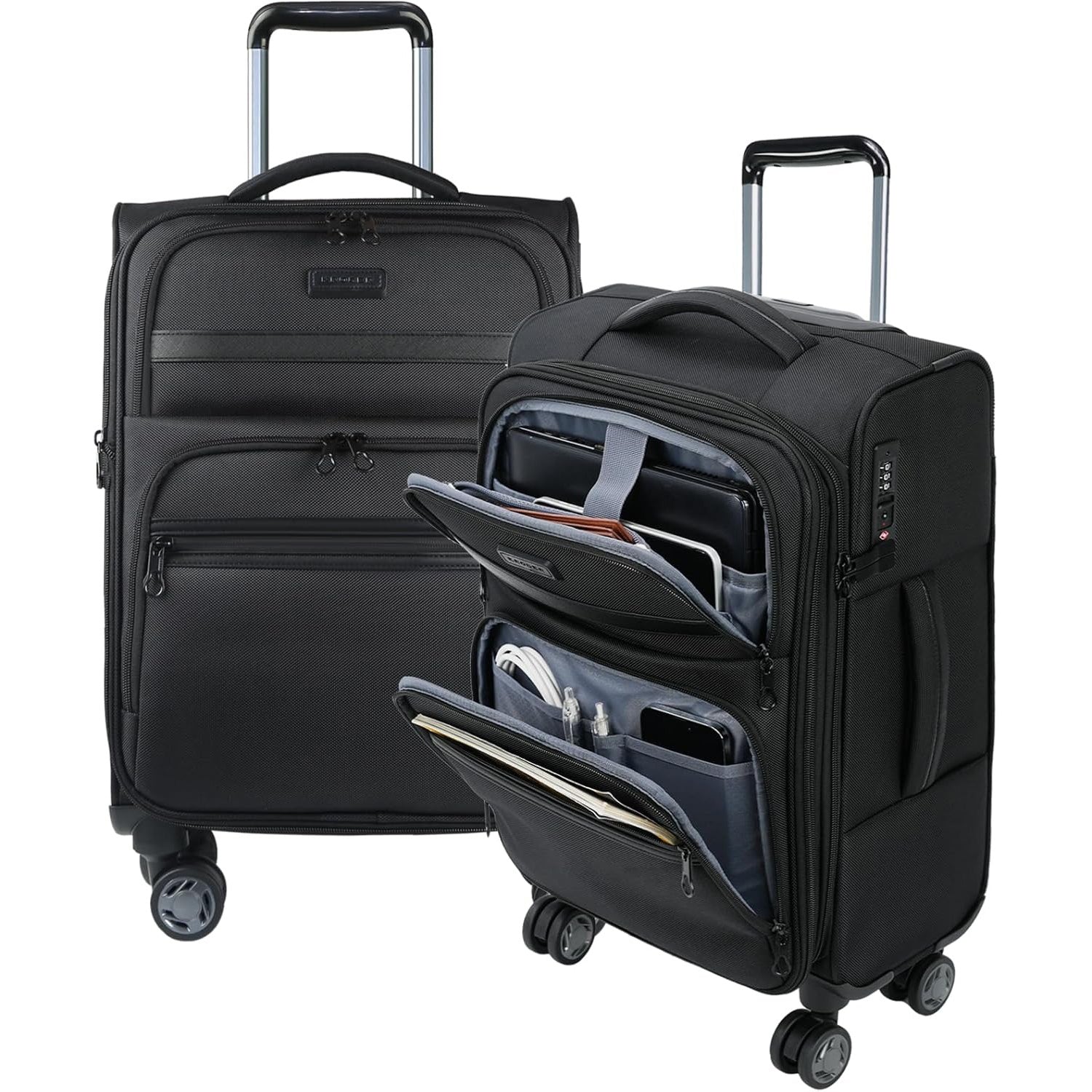 Black softside carry-on with front laptop pocket, top carry handle, and spinner wheels