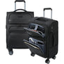 Black softside carry-on with front laptop pocket, top carry handle, and spinner wheels