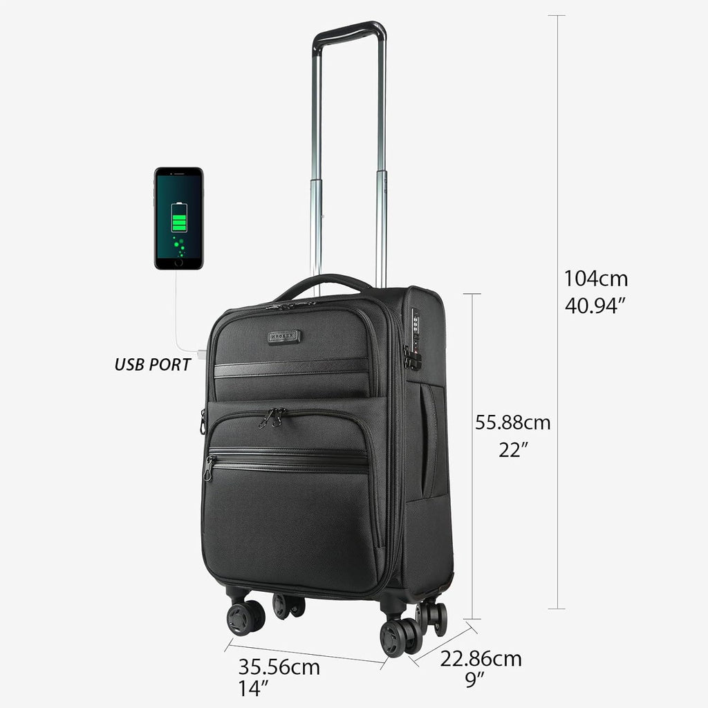 Black softside carry-on with USB port, telescoping handle, and four spinner wheels