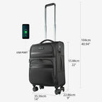 Black softside carry-on with USB port, telescoping handle, and four spinner wheels