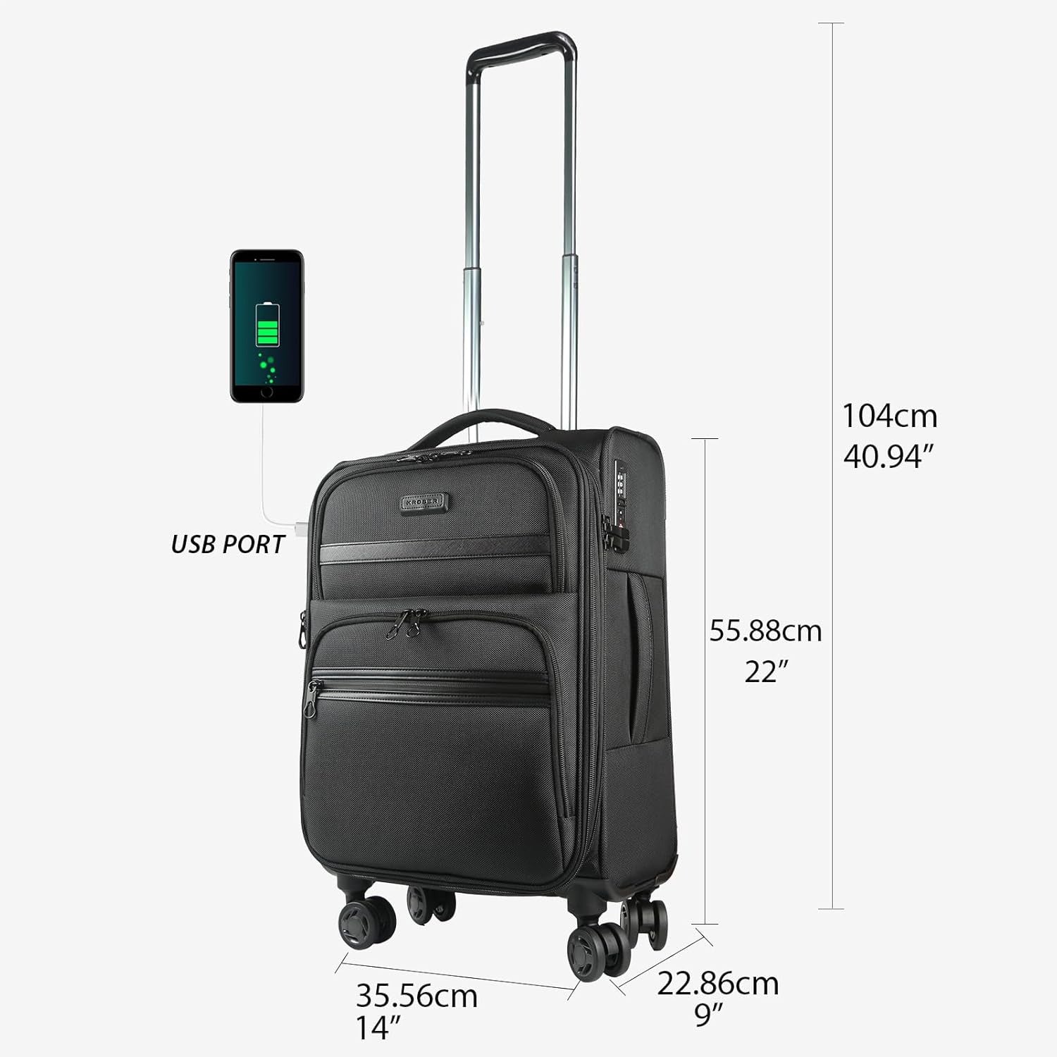 Black softside carry-on with USB port, telescoping handle, and four spinner wheels