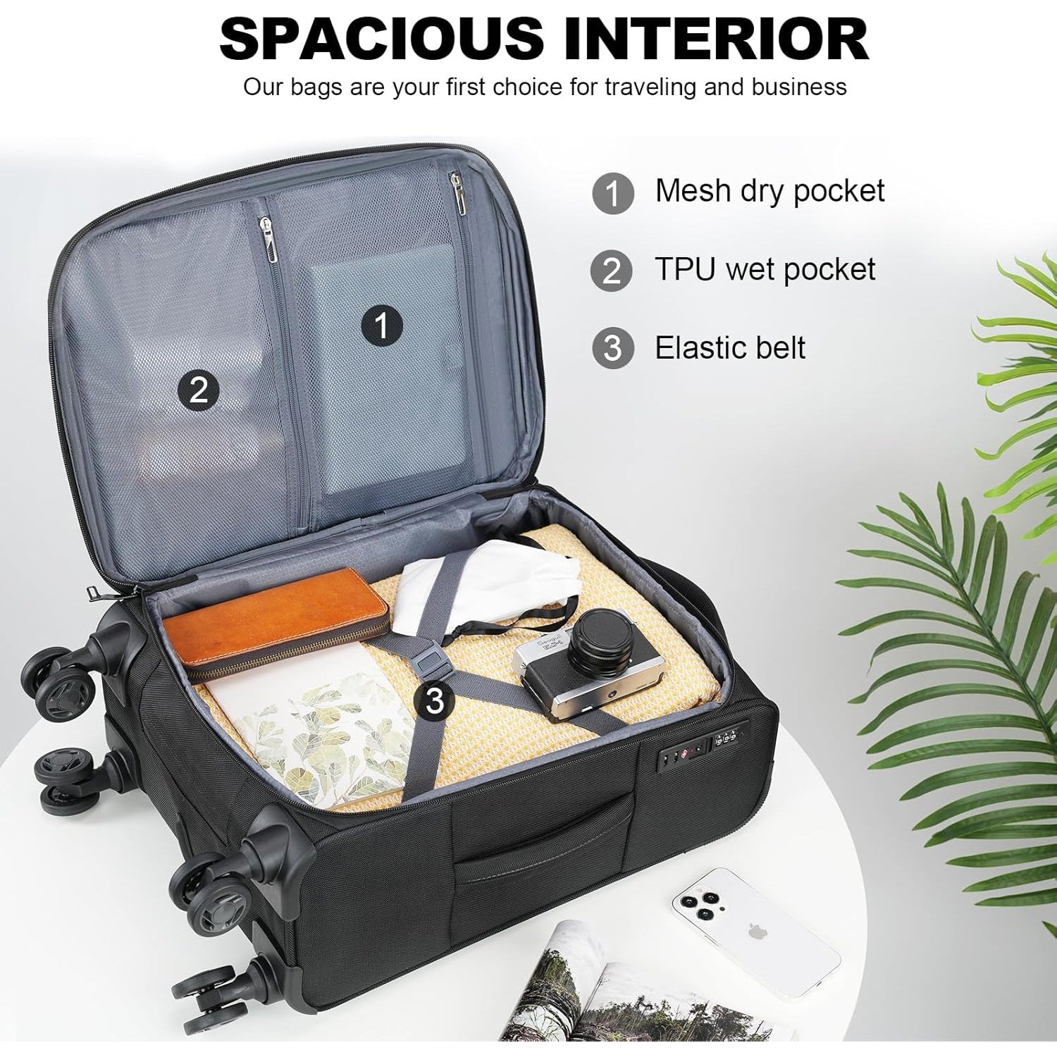 Black softside carry-on open interior with mesh dry pocket, wet pocket, and elastic straps