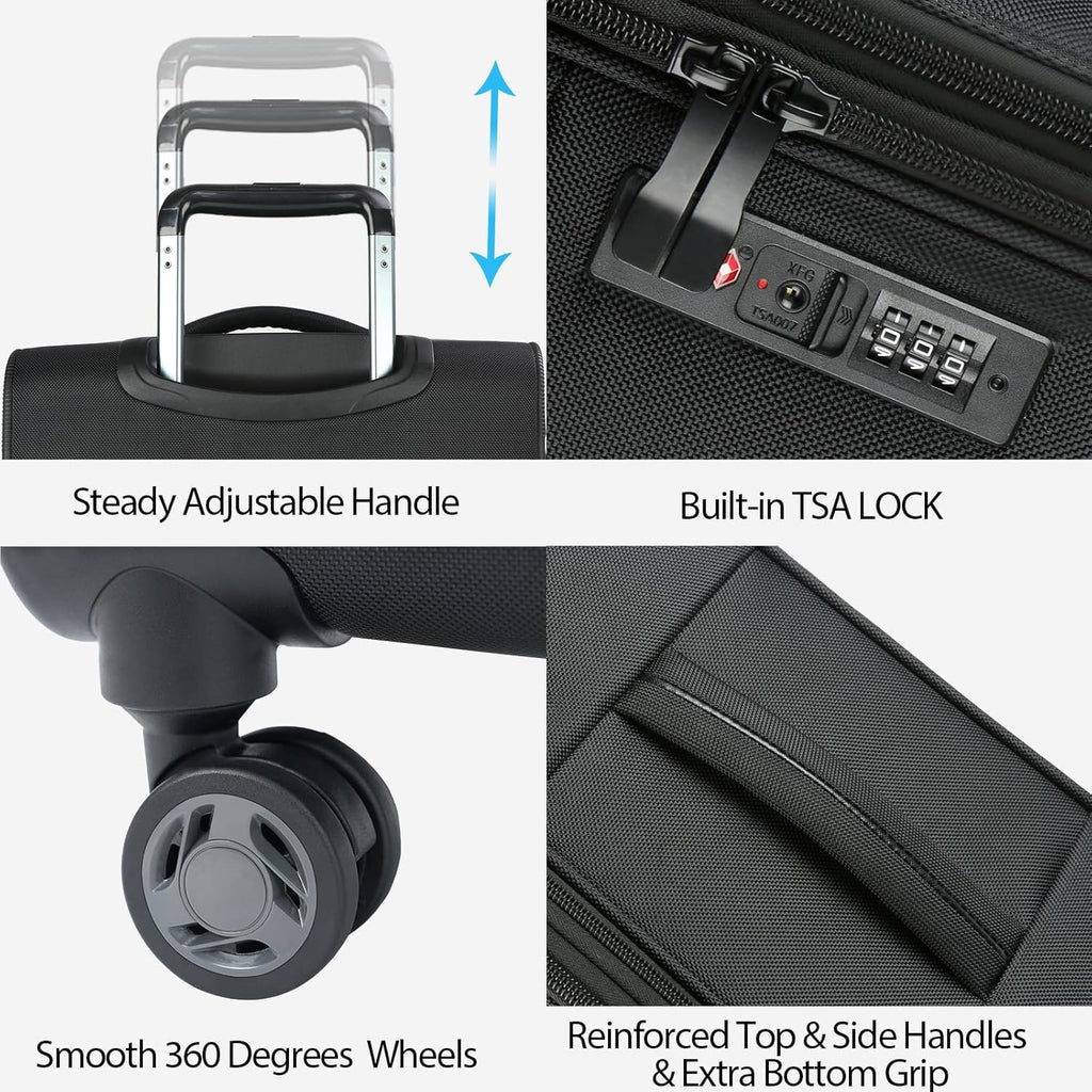 Black softside carry-on with adjustable grip handle, TSA lock panel, and 360 wheels