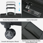 Black softside carry-on with adjustable grip handle, TSA lock panel, and 360 wheels