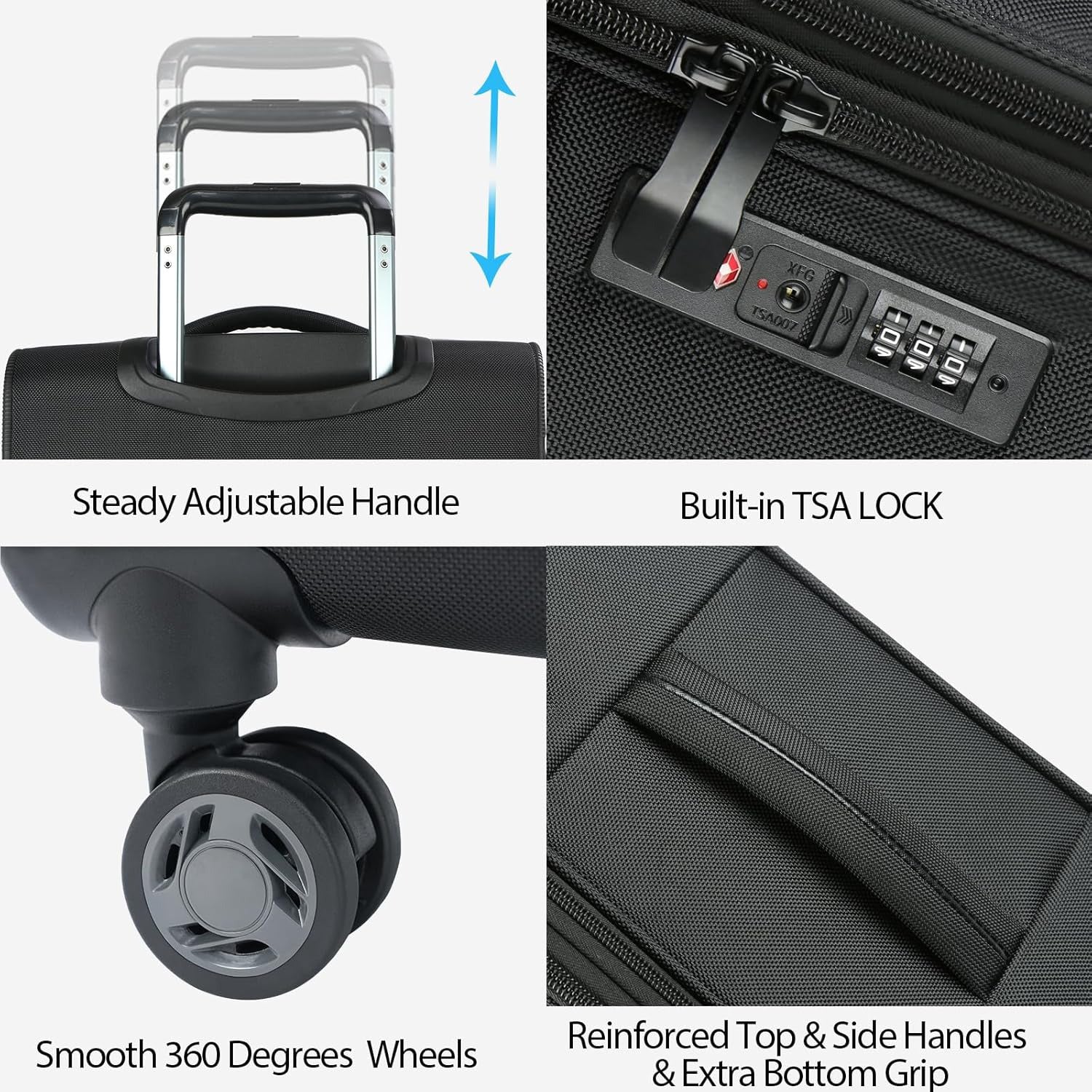 Black softside carry-on with adjustable grip handle, TSA lock panel, and 360 wheels