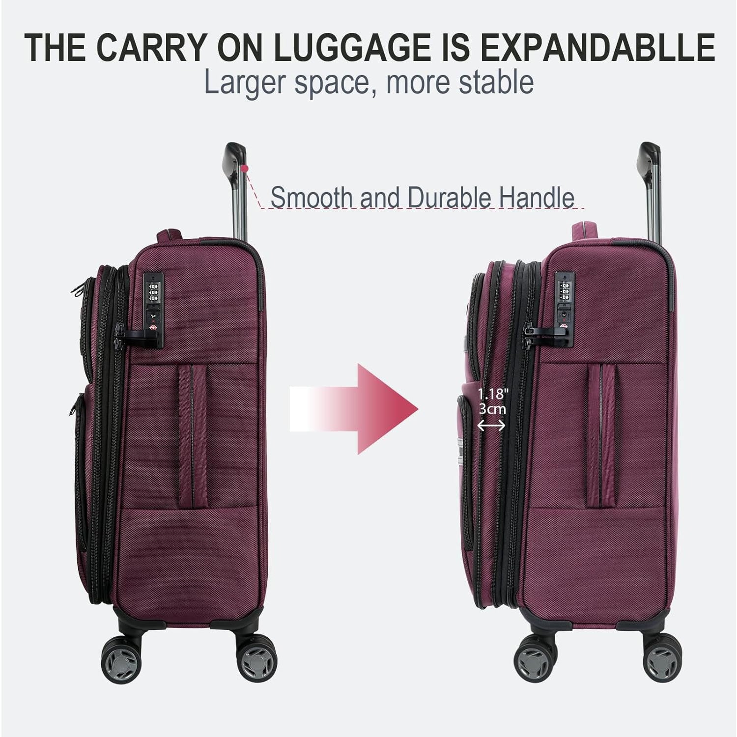 Burgundy expandable carry-on with telescoping handle and front USB port