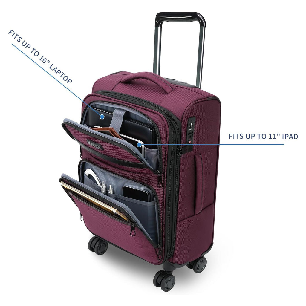 Burgundy carry-on with padded laptop and tablet pockets, plus device holder