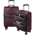 Burgundy softside carry-on with front and side compartments, showing laptop-sized divider