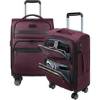 Burgundy softside carry-on with front and side compartments, showing laptop-sized divider