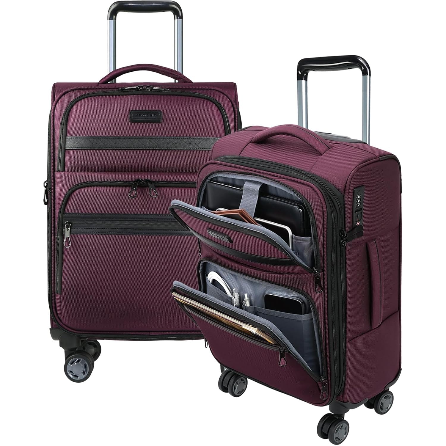 Burgundy softside carry-on with front and side compartments, showing laptop-sized divider