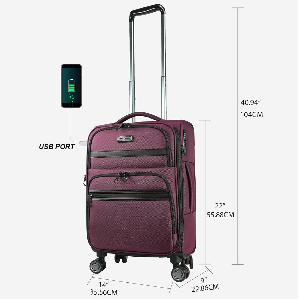 Burgundy carry-on suitcase with front panel USB port and telescoping handle