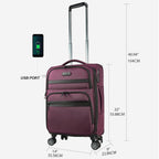 Burgundy carry-on suitcase with front panel USB port and telescoping handle