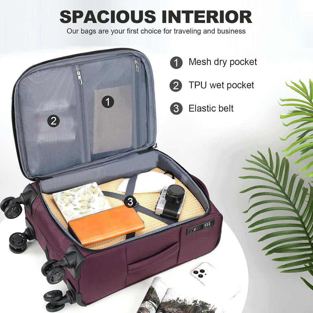 Burgundy expandable carry-on luggage interior with mesh pocket, wet pocket, elastic belt