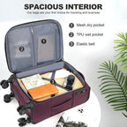 Burgundy expandable carry-on luggage interior with mesh pocket, wet pocket, elastic belt