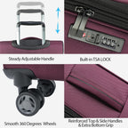 Burgundy softside carry-on luggage with adjustable handle, TSA lock panel, and wheels