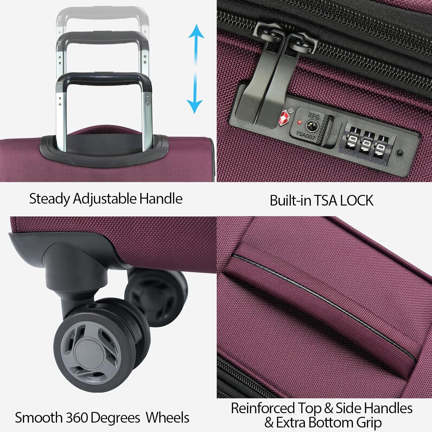 Burgundy softside carry-on luggage with adjustable handle, TSA lock panel, and wheels