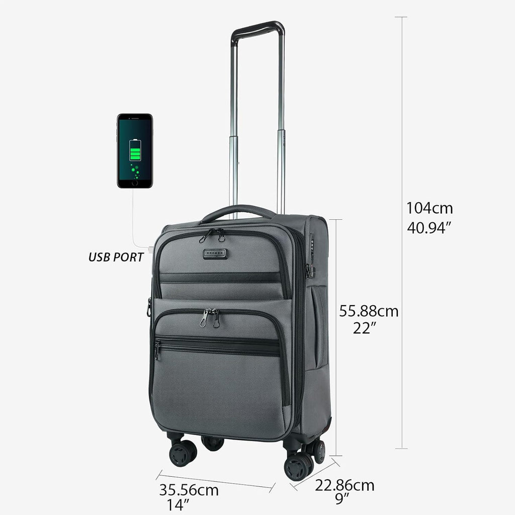 KROSER Grey 20 Inch Softside Carry-On with TSA Lock & USB