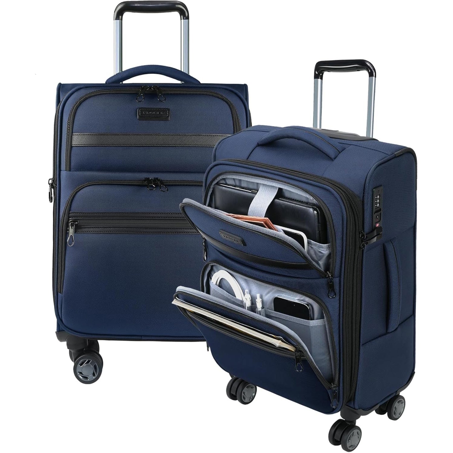 Navy softside carry-on luggage with side laptop pocket, front organizer compartments, and spinner wheels