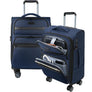 Navy softside carry-on suitcase with front compartments and padded laptop sleeve, spinner wheels