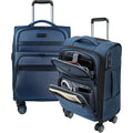 Pair of navy blue softside carry-on suitcases with telescoping handles and front zipper pockets