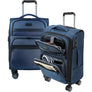 Softside carry-on luggage with telescoping handles and front zip organizer pockets, dark blue