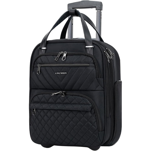 Underseat carry-on suitcase in black with quilted front panel and multiple zip compartments