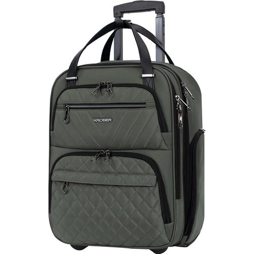 Underseat carry-on suitcase in dark green with front zip pockets and quilted lower panel