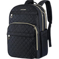 Quilted black laptop backpack with front zip pocket, gold-tone zippers, padded shoulder straps