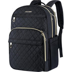 Quilted black laptop backpack with front zip pocket, gold-tone zippers, padded shoulder straps