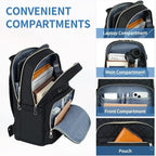 Black laptop backpack with multiple compartments, including laptop sleeve and front zip pocket