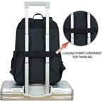 Quilted black laptop backpack with luggage strap and carry handle for rolling suitcases