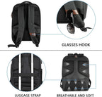 Dark gray backpack with luggage strap and glasses hook detail, plus adjustable padded shoulder straps