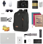Dark gray laptop backpack shown with accessories layout, front panel and top handle visible