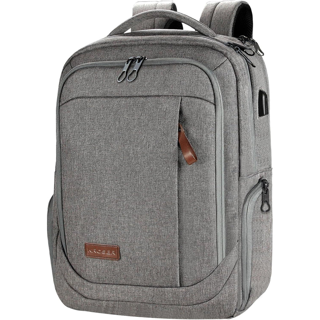 Light gray laptop backpack with front zip pocket, top handle, and padded shoulder straps