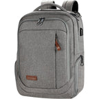 Light gray laptop backpack with front zip pocket, top handle, and padded shoulder straps