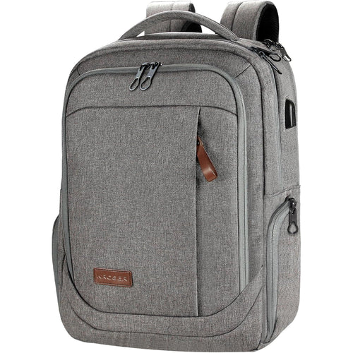 Light gray laptop backpack front view with top handle, front zip pocket, and logo patch