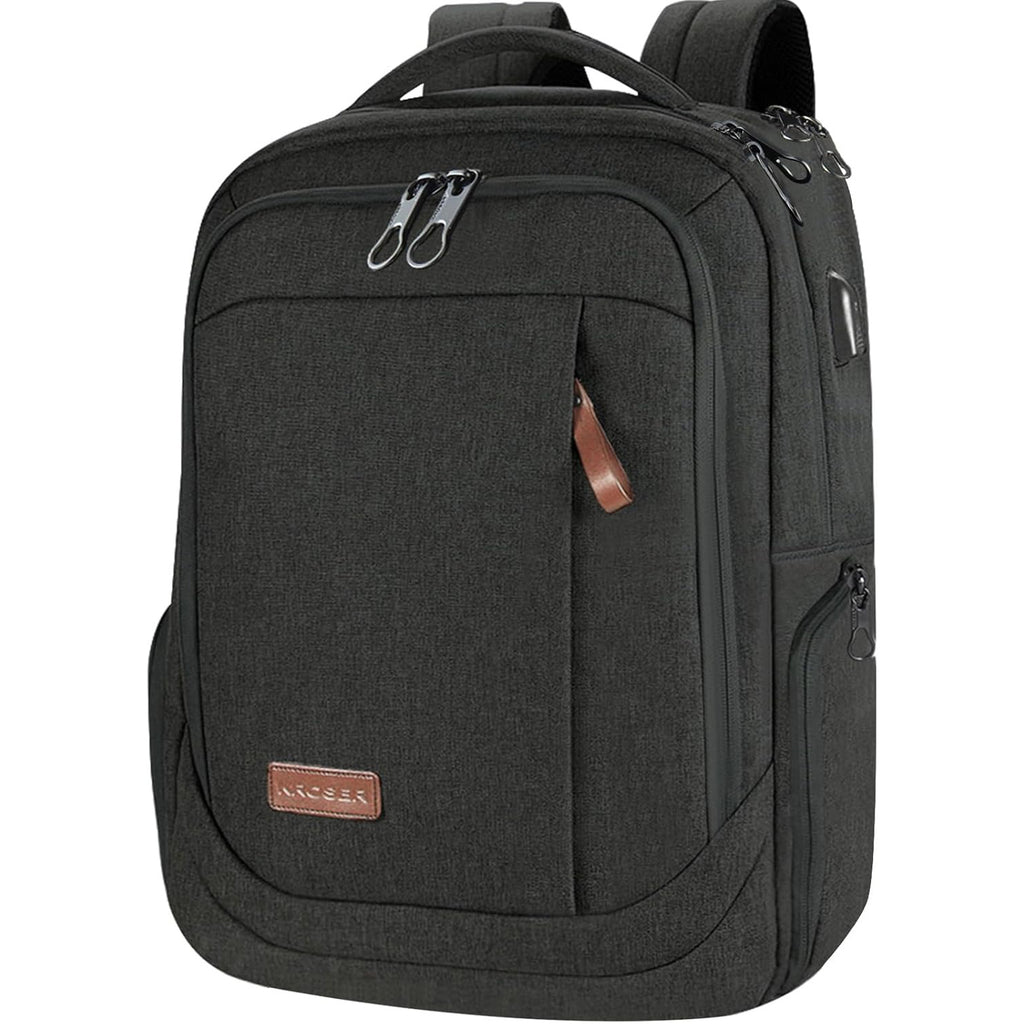 Dark gray laptop backpack front view with double zipper pulls and small leather tag