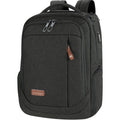 Dark gray laptop backpack front view with double zipper pulls and small leather tag
