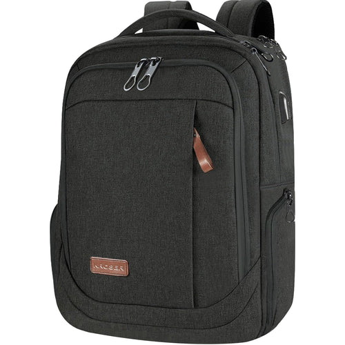 Dark gray laptop backpack with front zip pocket, top handle, and padded shoulder straps