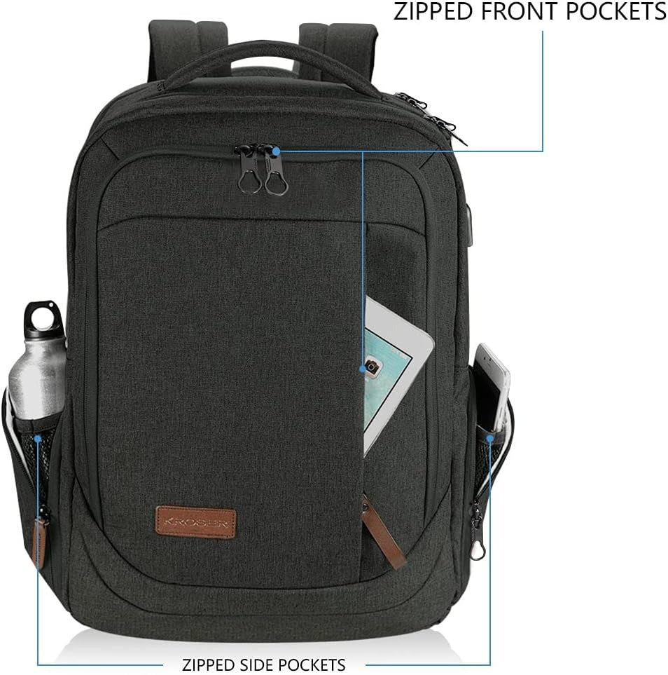 KROSER School Laptop Backpack Large Travel Computer Backpack for 17.3 Inch Laptop with USB Charging Port Water-Repellent Casual Daypack for Business