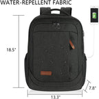 Dark gray laptop backpack with water-repellent fabric finish, front zip pocket and carry handle