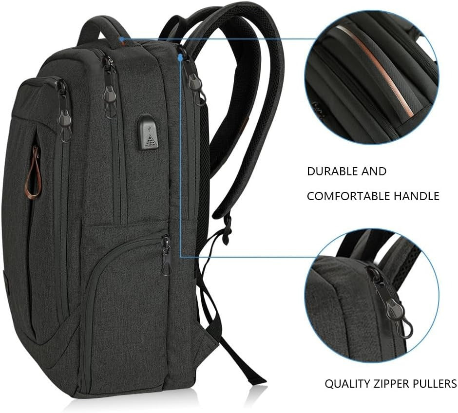 Dark gray laptop backpack with comfortable handle, durable straps, and quality zipper pullers