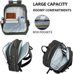 Dark gray laptop backpack opened to roomy compartments with RFID pockets and zipper access