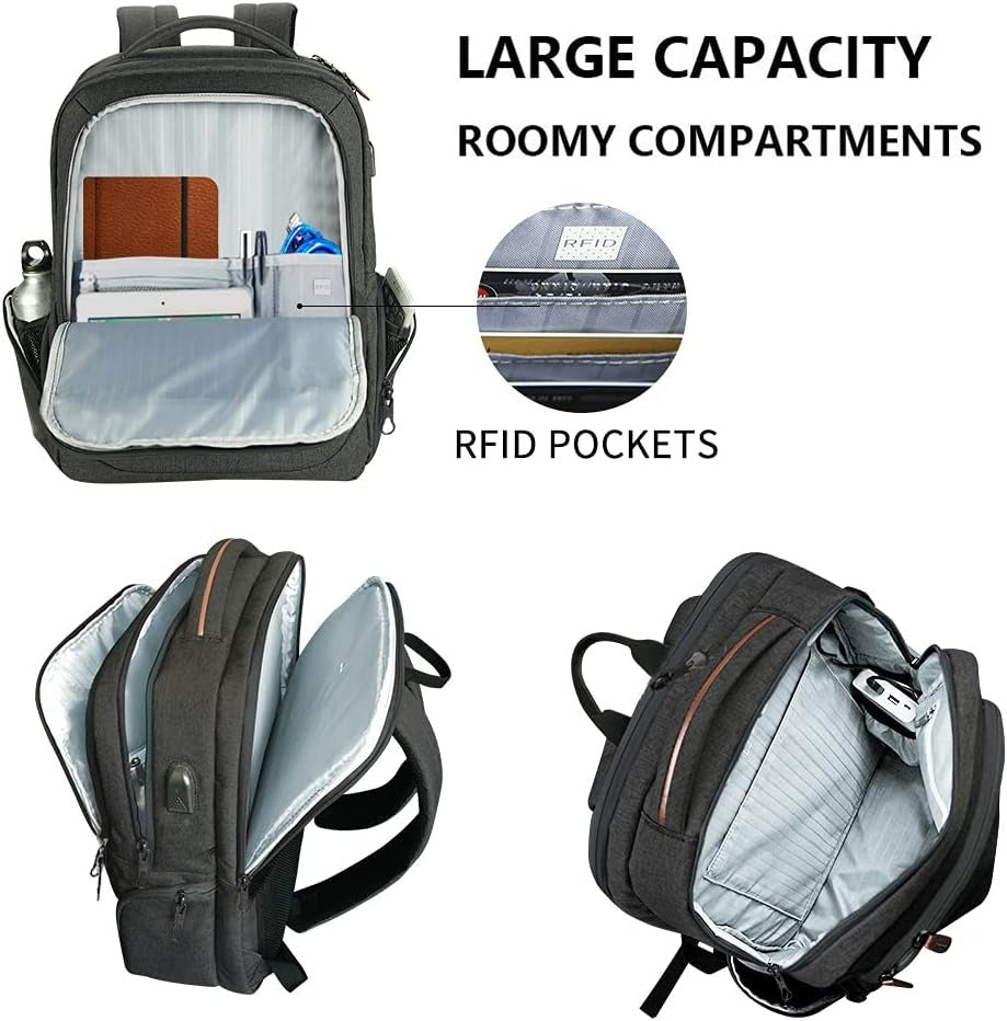 Dark gray laptop backpack opened to roomy compartments with RFID pockets and zipper access