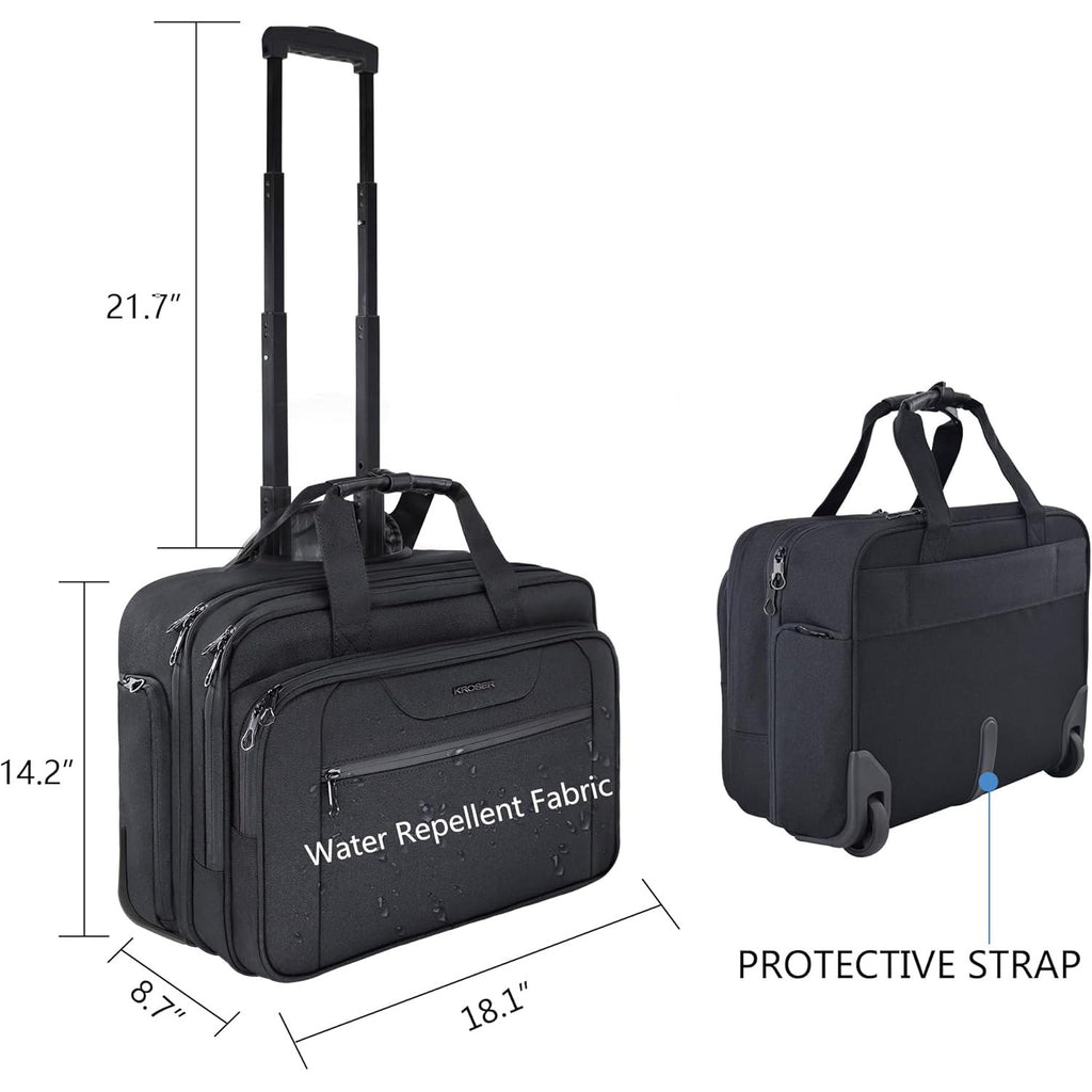 Black rolling laptop briefcase with telescoping handle and protective strap